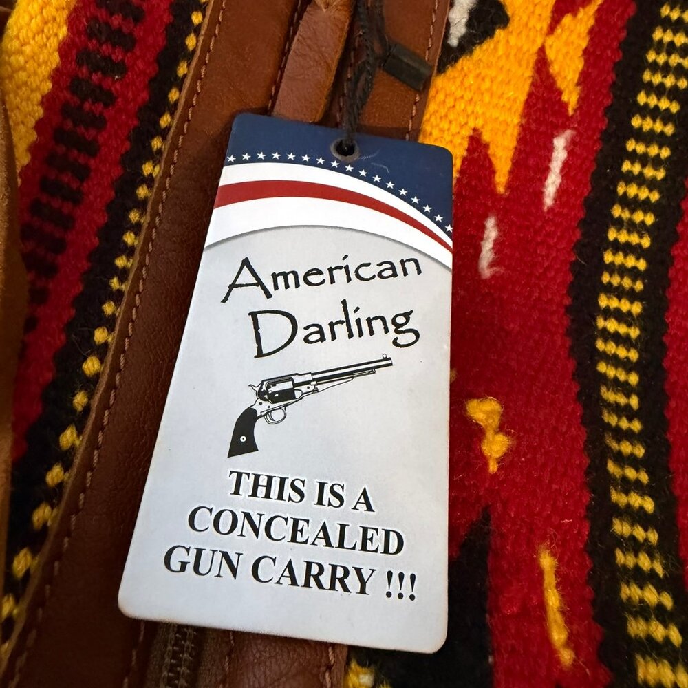 American Darling Southwestern Red Yellow Multi Crossbody Bag with Tan Leather - Picture 8 of 11